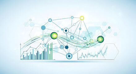 Abstract digital illustration of interconnected nodes and data charts representing technology and analytics