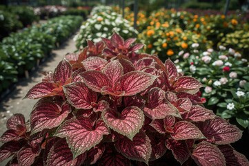 Vibrant pink foliage with lush green patterns in a summer garden setting