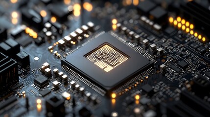 Macro photograph showcases the intricate details of a central processing unit on a modern computer motherboard, highlighting technology and computational power.