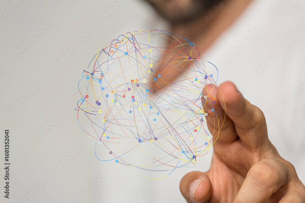 Poster abstract image of a person interacting with a digital network visualization. represents connection, 