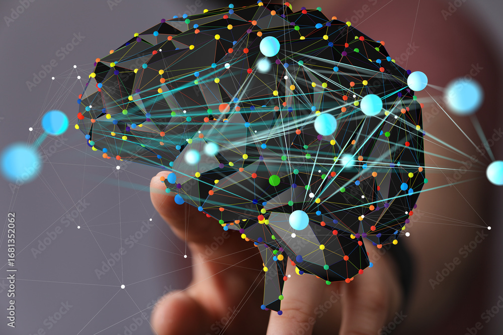 Poster abstract brain image representing ai, neural networks, and complex data connections.