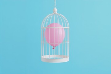 Obraz premium White cage with a pink balloon against a blue backdrop, symbolizing minimalism.