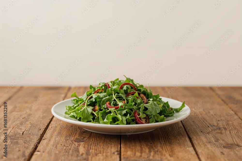 Poster bowl of vibrant salad placed on a rustic wooden surface with ample empty space around on a bright ba