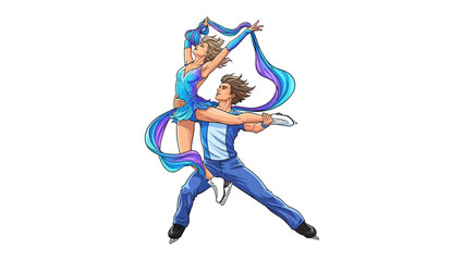 Dynamic Duo: A graceful pair of figure skaters performs an elegant routine, intertwined in a beautiful display of athleticism. The movement is emphasized by the artistic use of motion.