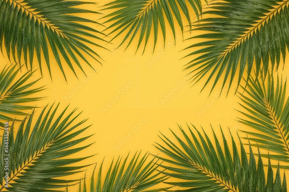 Poster yellow backdrop with palm leaf arrangement. overhead shot with empty space.