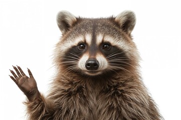 Fototapeta premium Close-up of an adorable raccoon's head and paws against a white backdrop