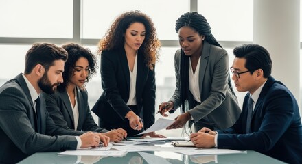 Five business professionals discussing a document in a conference room.
