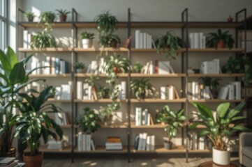Fototapeta premium Soft focus on contemporary bookshelf setup with indoor greenery and books, bathed in natural light for a calm and welcoming vibe.