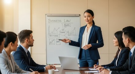 A business meeting in a conference room with a whiteboard and flip chart.