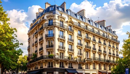 Fototapeta premium A beautiful Parisian building, adorned with classic balconies and rich tones, stands tall against a partly cloudy sky.