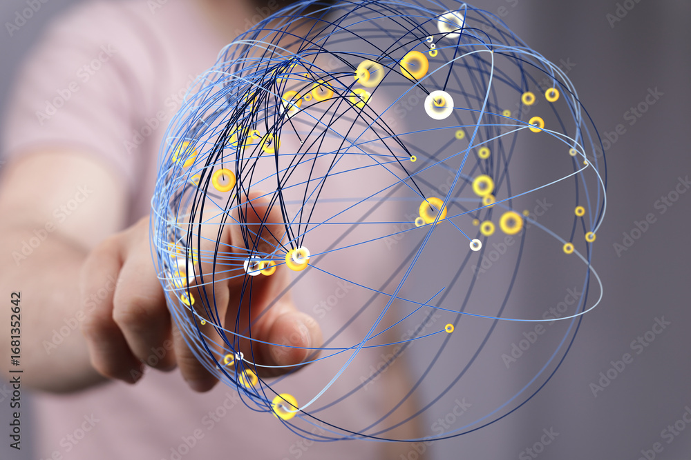 Poster abstract image depicting a hand interacting with a digital global network. represents connection, te