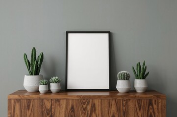 Simple home decor featuring a blank photo frame on a wooden surface accompanied by cacti and succulents in modern cement planters against grey walls.