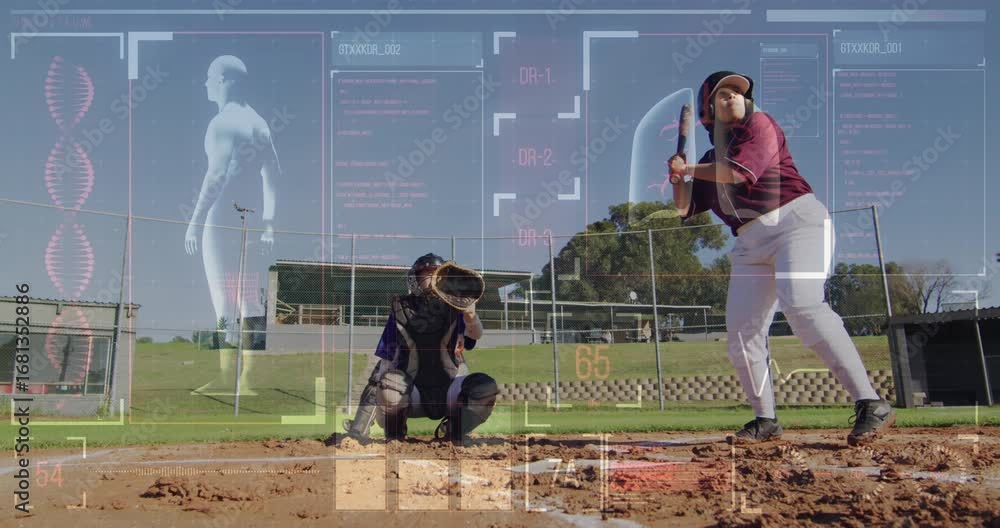 Poster animation of network of connections and data processing over fit woman running