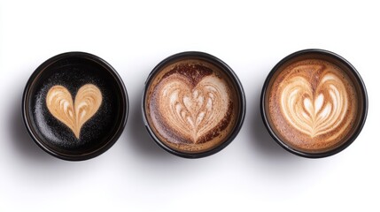 Three Cups of Coffee with Heart Latte Art from Above on White Background in Studio Lighting