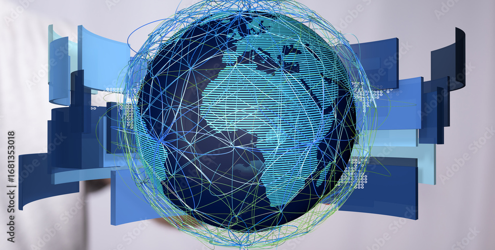 Poster abstract image depicting global network connections and data flow. perfect for tech, business, and c