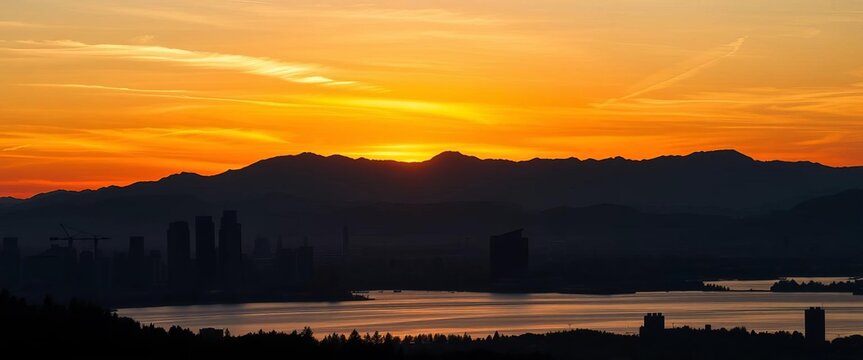 Silhouetted city skyline anchored by a dramatic mountain range at sunset, illustration, background