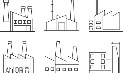 Industrial factory line art, minimalist architecture, smokestack buildings, black and white sketch, urban manufacturing, stylized design, AMOR facade concept