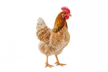 Fototapeta premium Adorable humorous chicken posing against a plain white backdrop