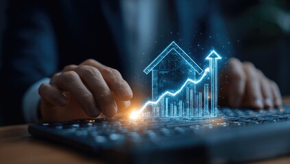 Close-up of hands interacting with a holographic home-growth chart overlaying a keyboard