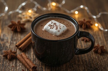 Winter hot chocolate topped with marshmallows in a dark cup, surrounded by cinnamon, chocolate, and spices with a cozy festive light setup, selective focus, square format