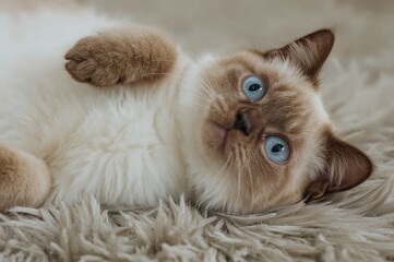 Fototapeta premium A humorous close-up of a domestic cat with striking blue eyes lying upside down on a soft checkered blanket, looking startled.