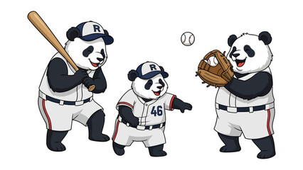 Panda Baseball Team Cartoon: A playful cartoon illustration showcasing a panda team playing baseball, complete with bats, balls, and gloves. A fun and dynamic image to bring joy.