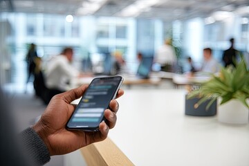 Close-up of a hand holding a smartphone in a modern office. Blurry background of colleagues working