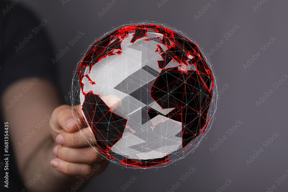 Poster hand interacting with a digital globe, showcasing global connectivity and network technology.