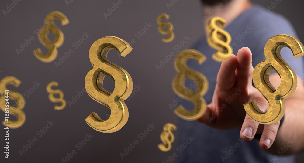 Poster abstract image of paragraph symbols floating towards a hand, representing legal concepts and law.