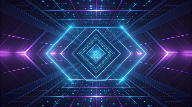 Abstract neon hexagonal tunnel with futuristic geometric patterns and glowing lights