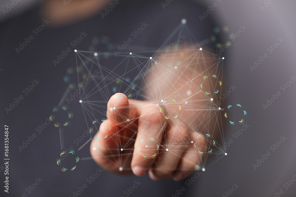 Poster Abstract image of a hand interacting with a digital network.  Perfect for tech, connection, and innovation concepts.