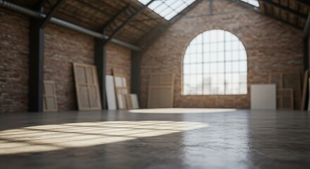 Mockup of empty loft studio with large arched window and sunbeams on the floor for commercial usage