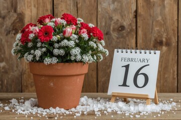 Floral container and timetable marking the snowy period starting February 16. Cold season theme. backdrop,creative,commerce,bloom,pattern,classic,timber,education,cold,area