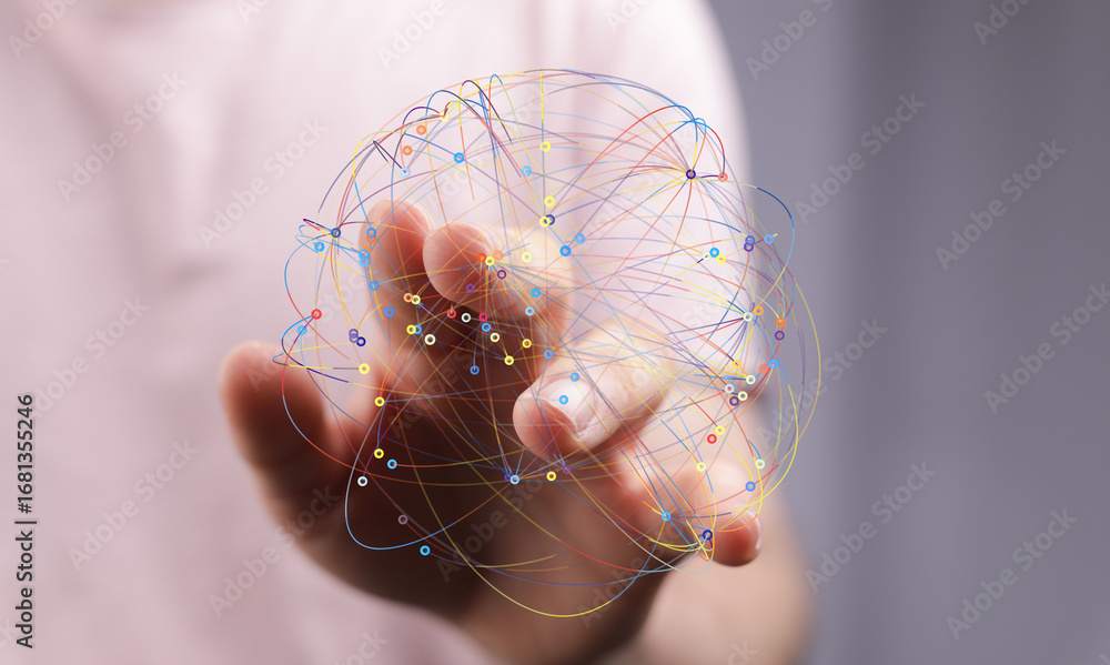 Aufkleber image of a hand holding a digital sphere representing global network connections and data flow.