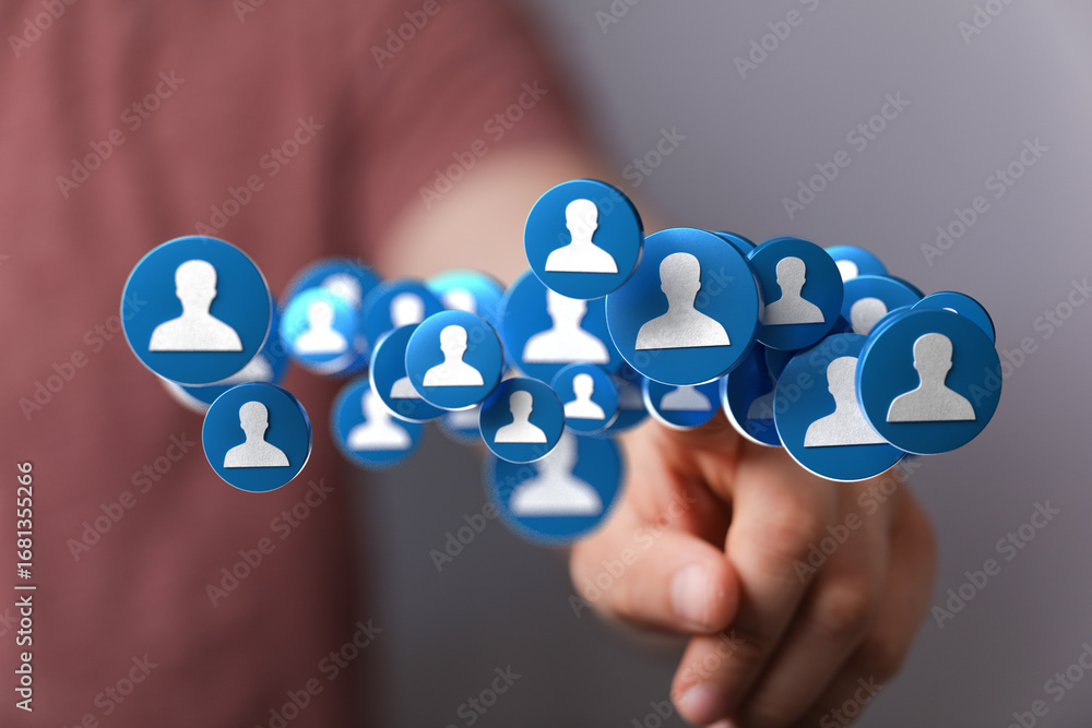 Poster image depicting a hand interacting with floating profile icons, symbolizing online connections and n