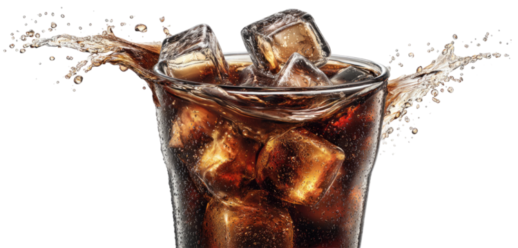 A glass of dark soda with ice, splashing