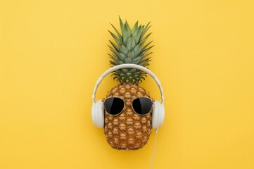 Colorful pineapple wearing headphones and sunglasses against a bright yellow backdrop, with room for text