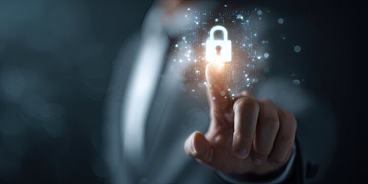 Businessperson's finger touches a glowing padlock icon (1)