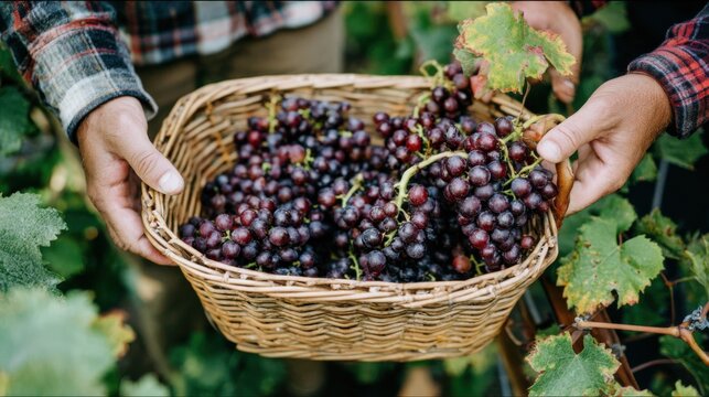 A young couple enjoys picking ripe grapes in a vineyard, wearing comfortable plaid shirts. The warm sun enhances their cheerful activity, creating a delightful harvest experience
