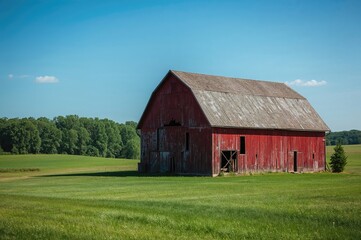 Obraz premium Rustic Red Barn Amidst Countryside Scenery