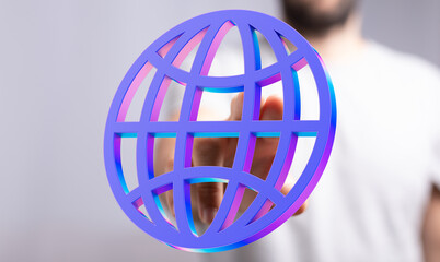 High-quality stock photo of a hand reaching towards a vibrant 3D global network icon. Perfect for tech, connectivity, and global concepts.