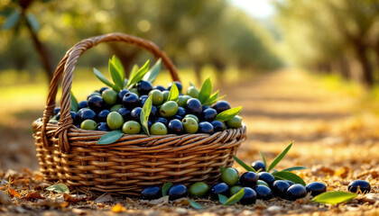 Woven basket of green and purple olives in sunlit olive grove