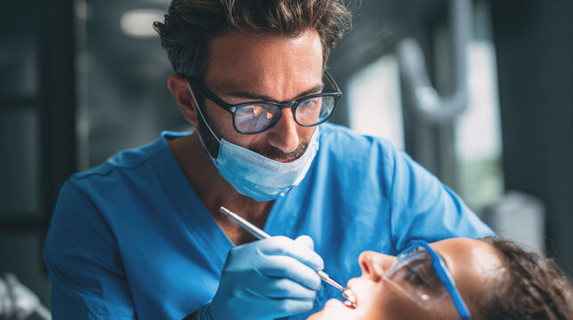 Dentist in protective gear treating patient during dental check-up, illustrating healthcare, hygiene and professional oral care in a clinical setting.