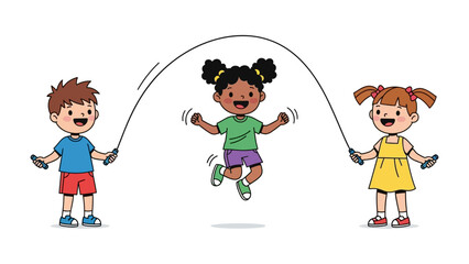 Playtime Jump: Joyful kids in a vibrant illustration revel in the simple pleasures of a skipping rope game. Showcasing the innocence of youth and active enjoyment