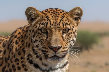 Obraz premium Close-up portrait of a wild big cat known as Panthera pardus saxicolor in its natural habitat.