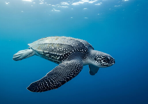 A majestic leatherback sea turtle rests on a sandy beach at sunset, with gentle waves lapping at the shore under a warm, golden sky.

