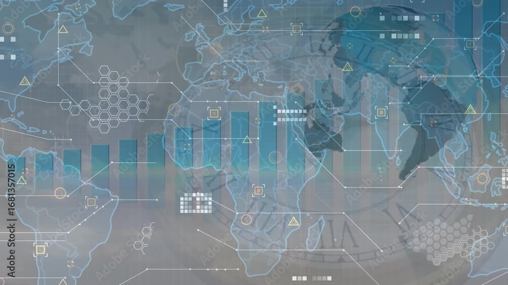 Aufkleber animation of world map and globe over moving clock on white background