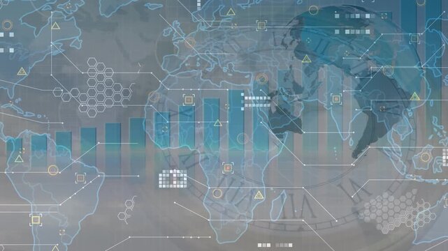 Animation of world map and globe over moving clock on white background - Powered by Adobe