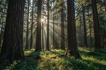Fototapeta premium Sun rays pierce through giant trees, lighting up the vibrant green forest floor in a tranquil woodland setting.