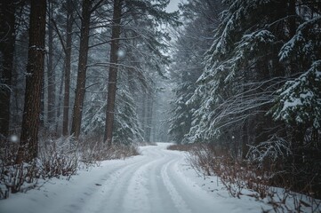 Obraz premium Trail through the snow-covered woods